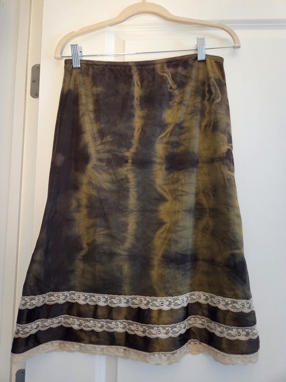 Vintage Sliperfection Brown & Dark Green Tie-Dye Half Slip with Lace Trim – Size
